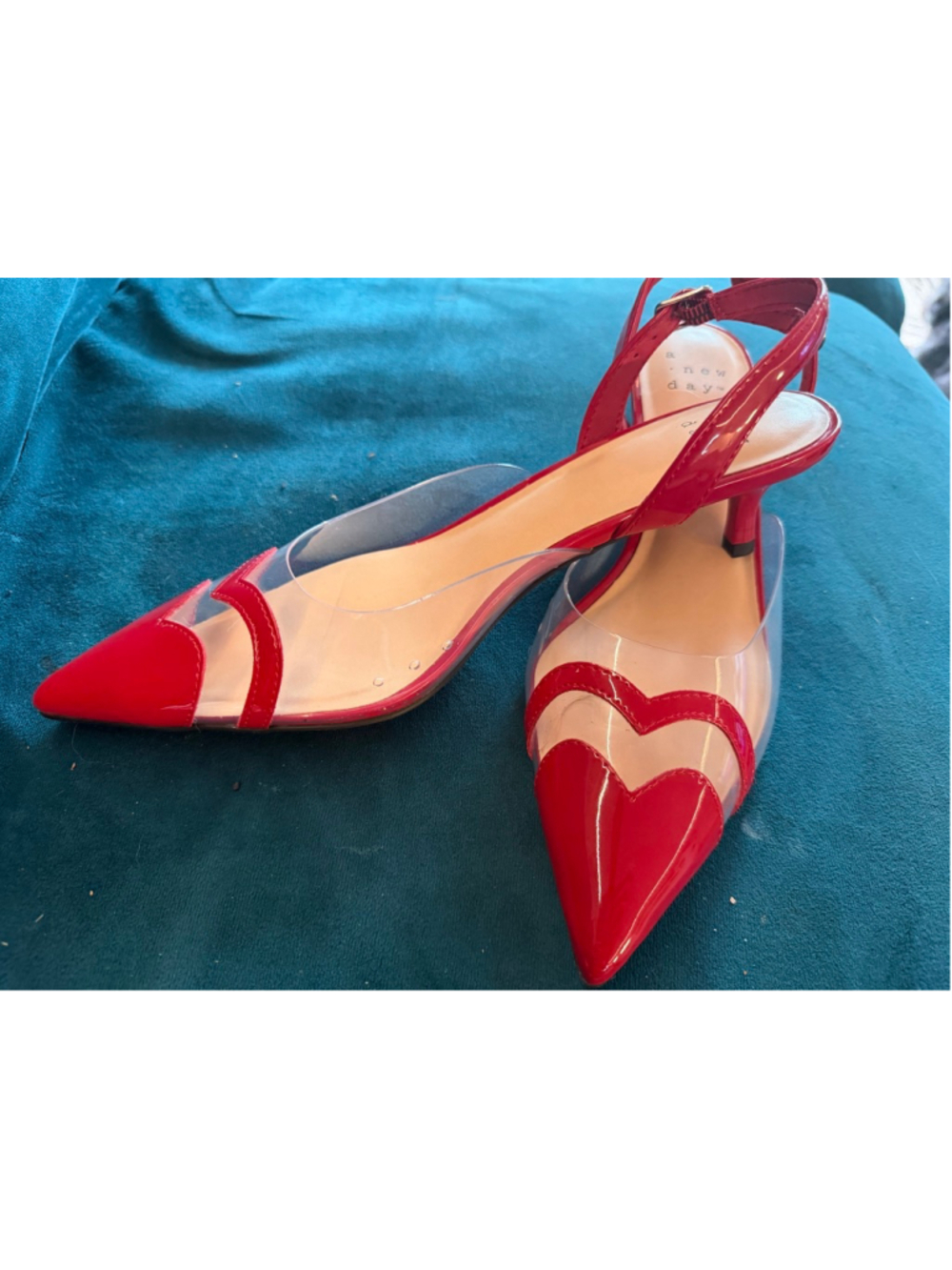 Women's A New Day Red Clear Heart Pointed Toe Slingback Heels Size 8 - Picture 3 of 6